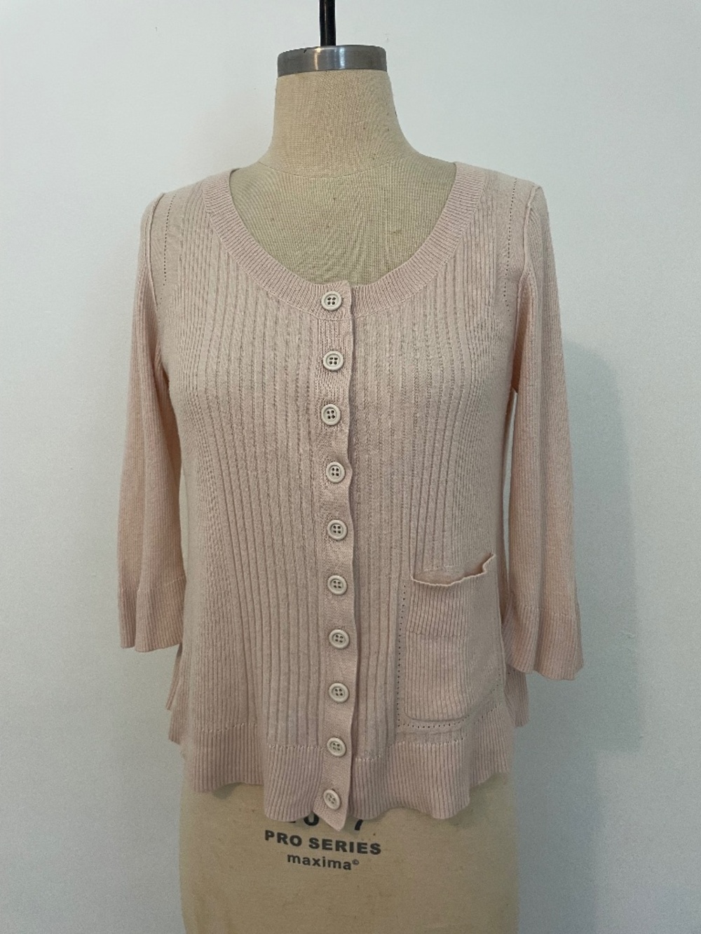 Chloé Blush Pink Short Sleeve Ribbed Button Cashmere Blend Cardigan Top, Size M